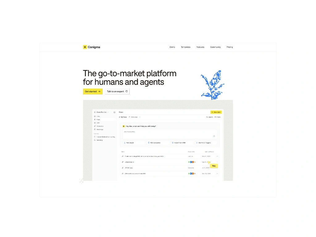 Conigma homepage, the go-to-market platform for humans and agents