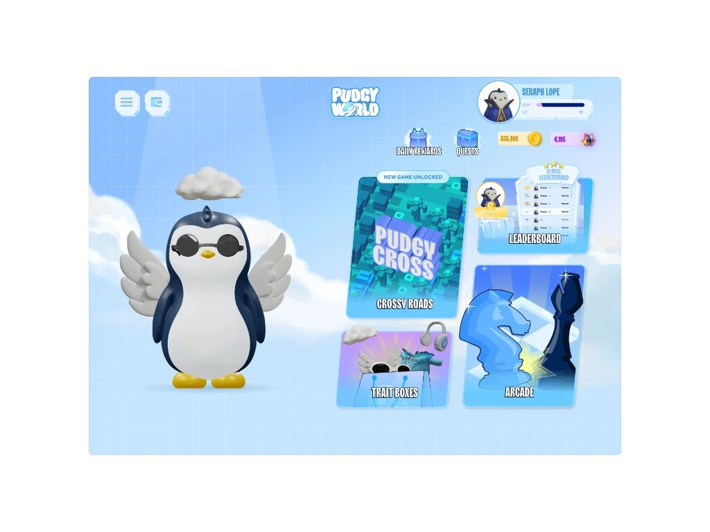 Pudgy World hub, with the player penguin and game tiles