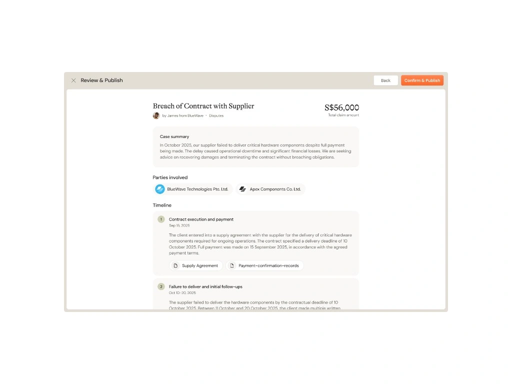 Sibyl review and publish screen for a supplier dispute