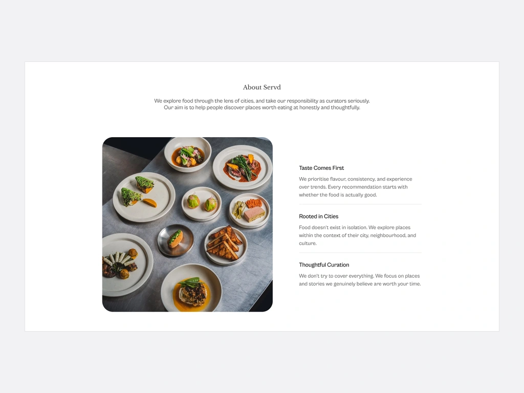 Servd about section, with the story and how booking works